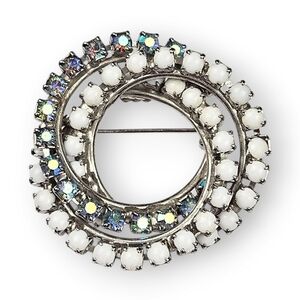 Vintage Rhinestone Circles Brooch White Milk Glass Aurora Borealis Rhodium Plate